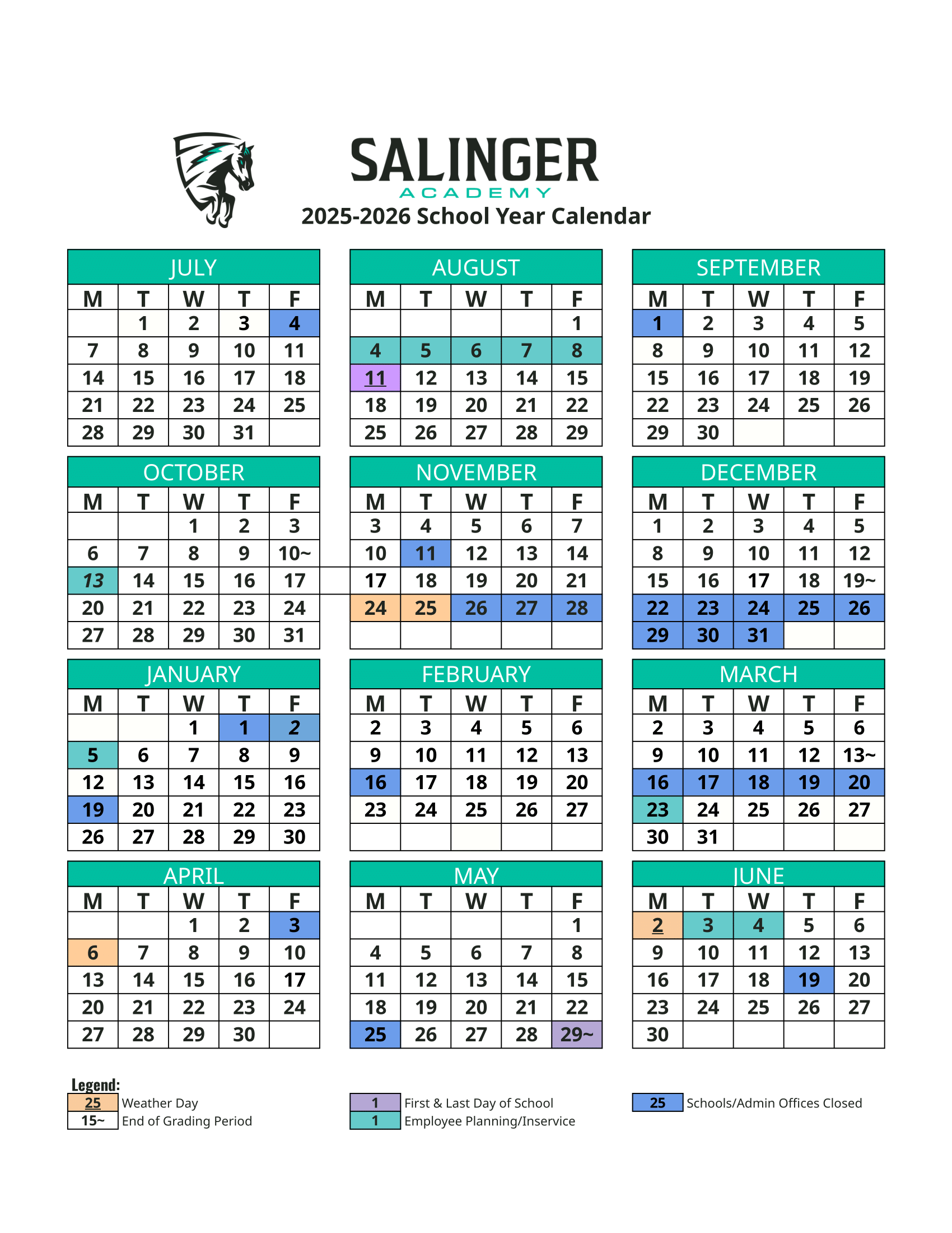 2025-26 Salinger Academy Calendar